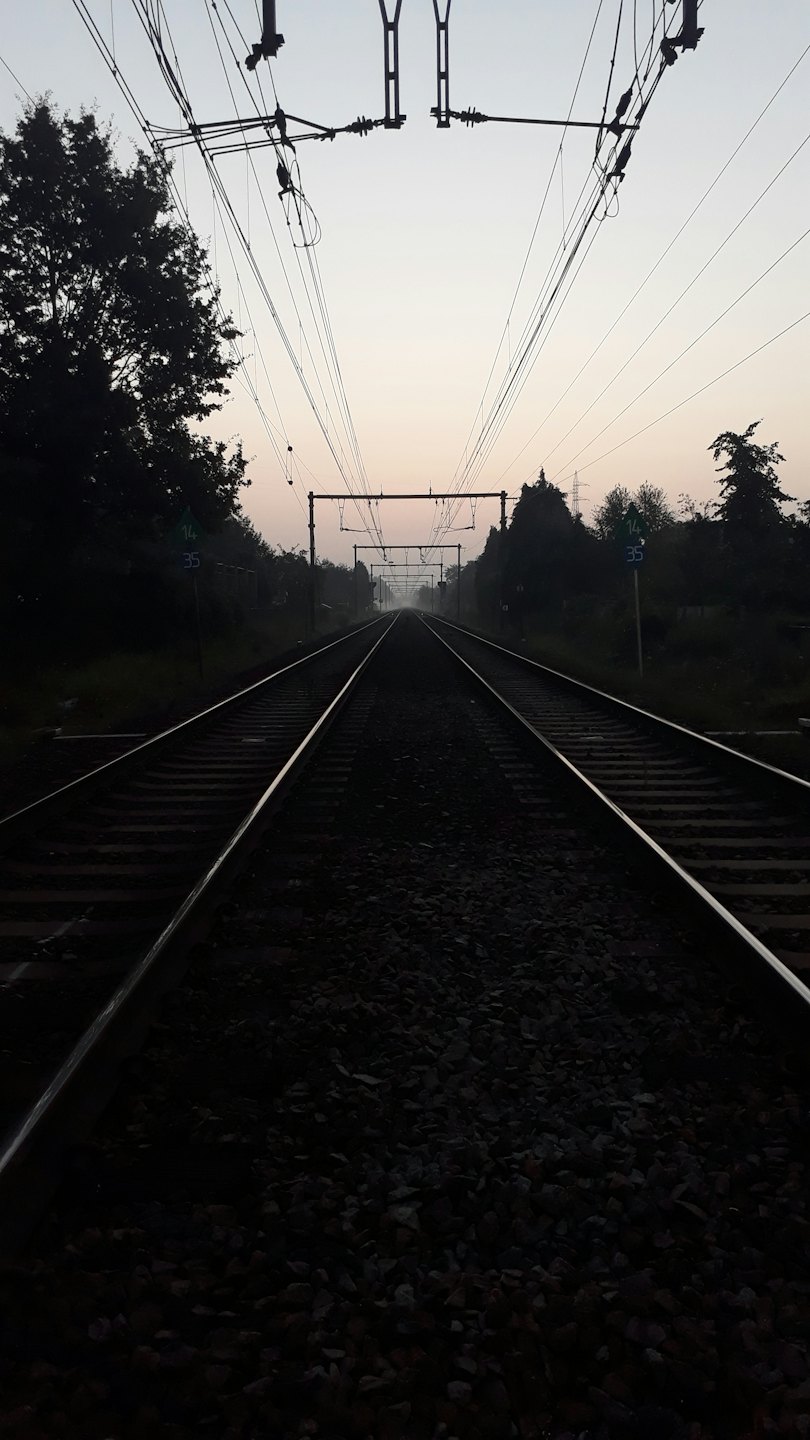 Binari del treno paralleli si estendono verso l'orizzonte lontano.