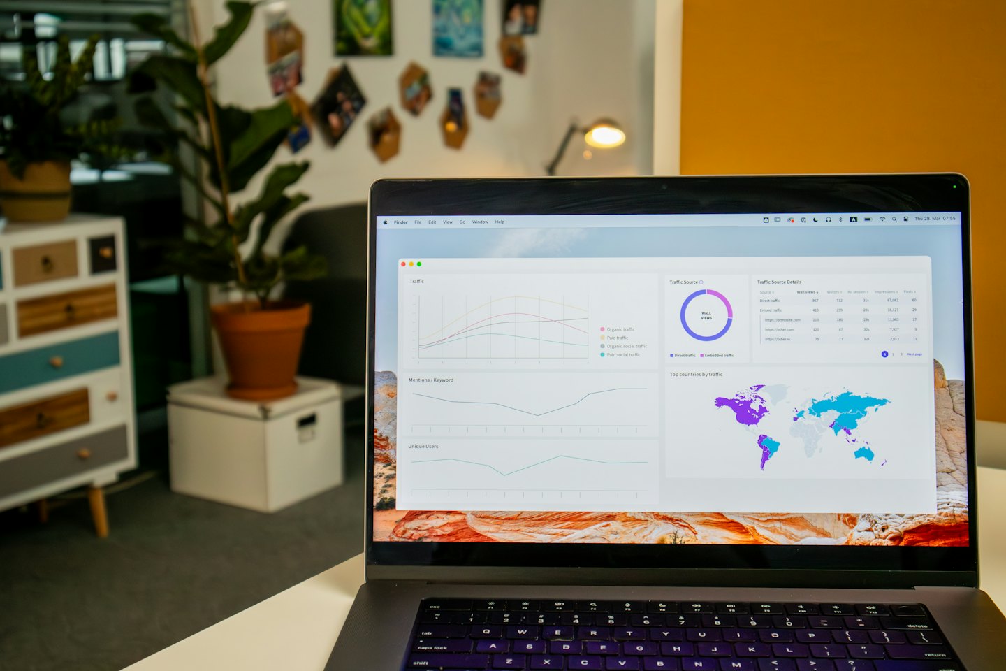 Laptop con dashboard di analisi digitale su una scrivania bianca.