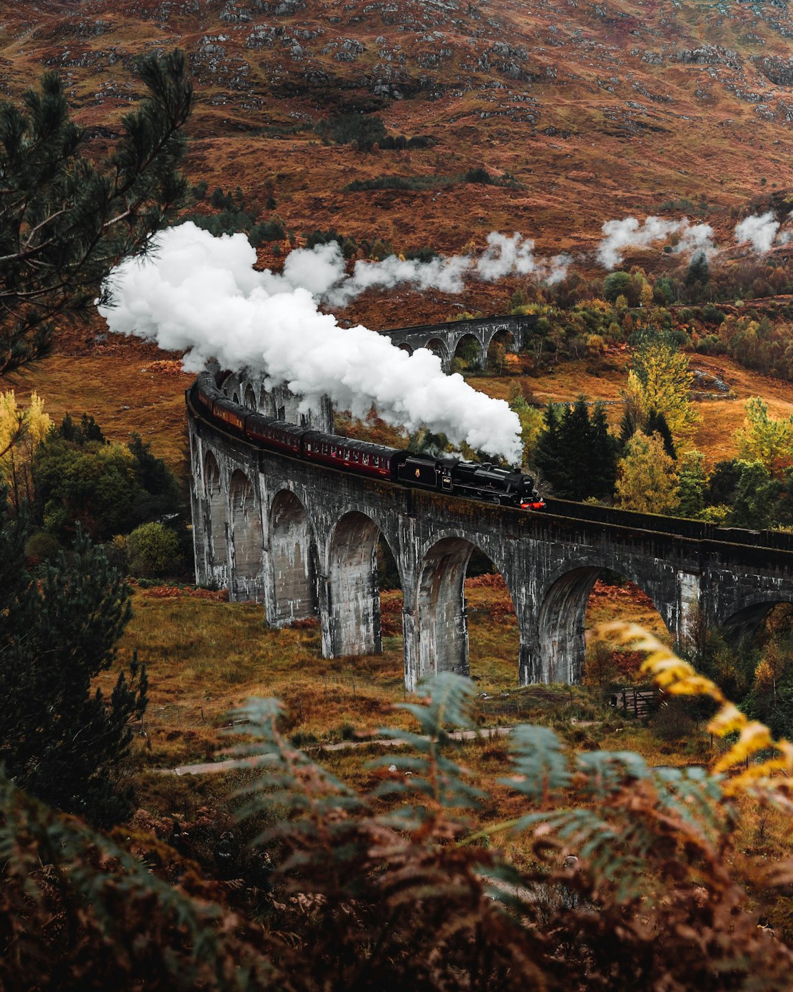 Un treno a vapore d'epoca attraversa un viadotto in pietra su colline autunnali.