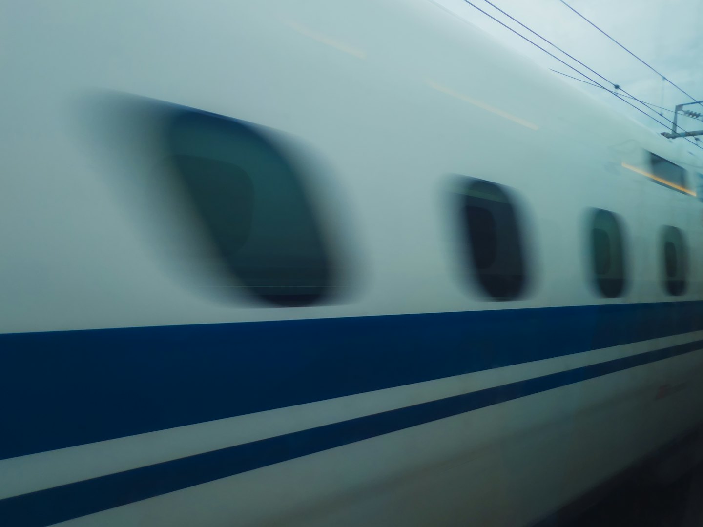 Un moderno treno proiettile bianco e blu sfreccia sui binari.